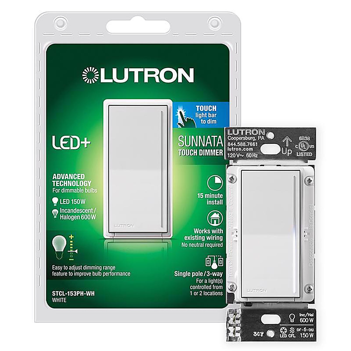 Lutron - STCL-153MH-WH - Sunnata 1.25 amps Single Pole 3-Way Dimmer Switch White 1 pk