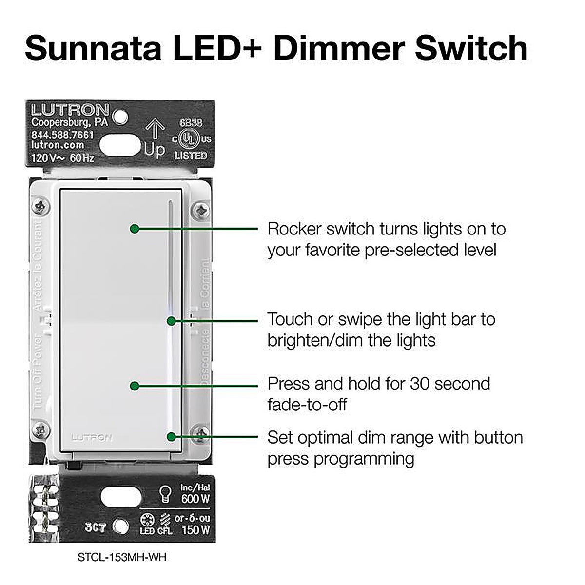 Lutron - STCL-153MH-WH - Sunnata 1.25 amps Single Pole 3-Way Dimmer Switch White 1 pk