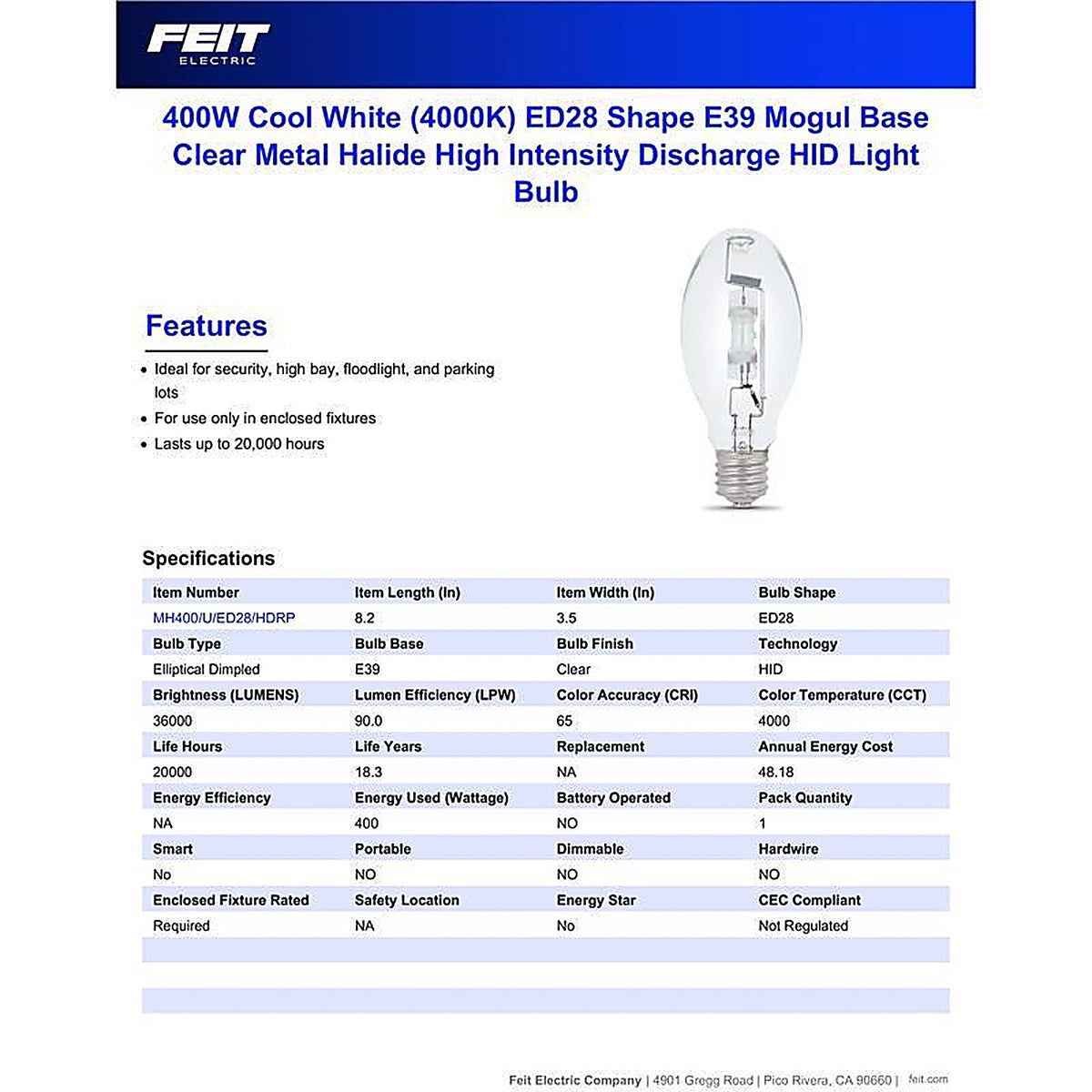 Feit - MH400UED28HDRP - 400 W ED28 HID Bulb 36000 lm Bright White Metal Halide 1 pk