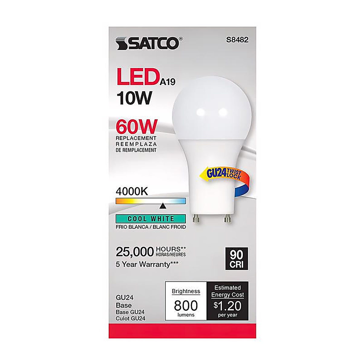 Satco - S8482 - A19 GU24 LED Bulb Cool White 60 Watt Equivalence 1 pk