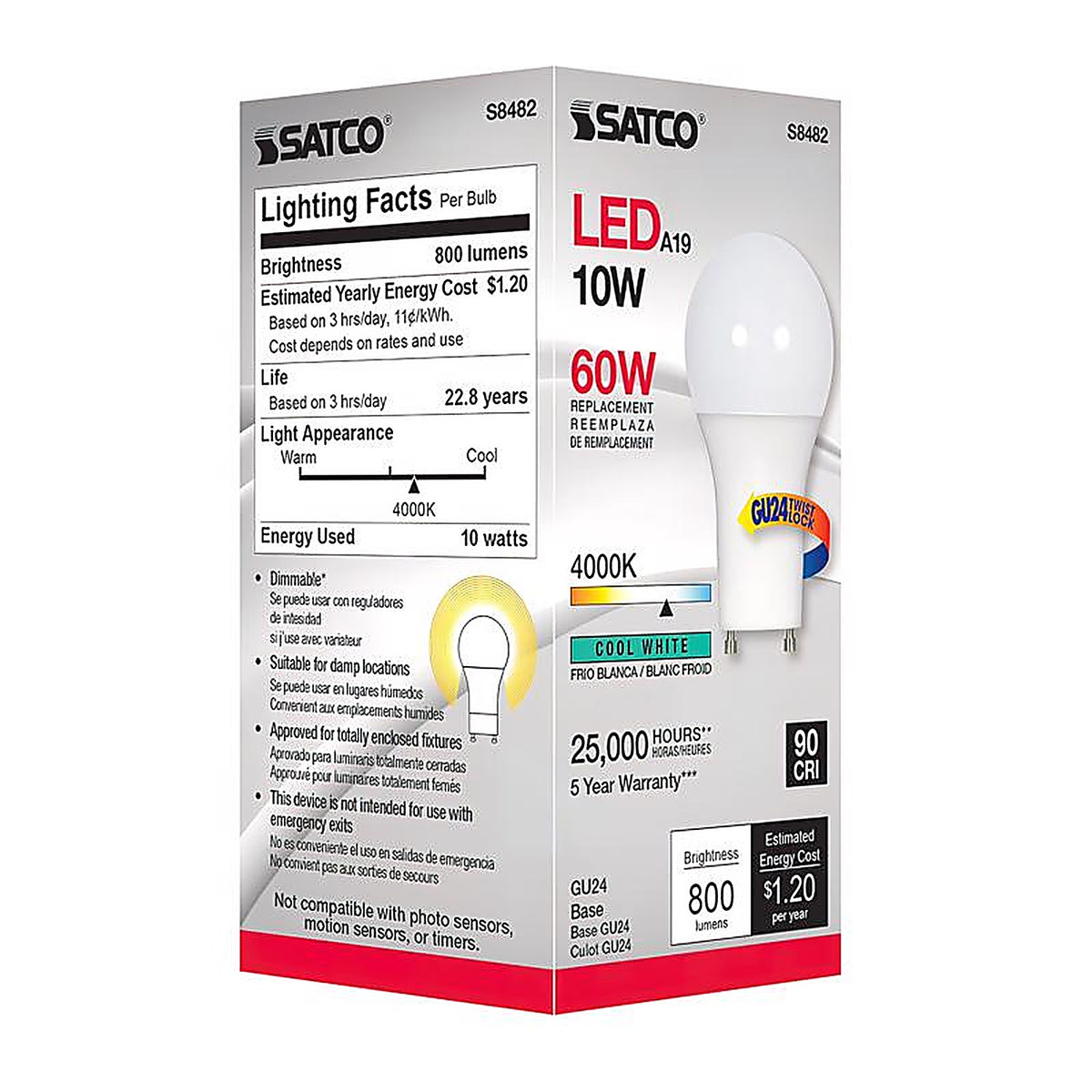 Satco - S8482 - A19 GU24 LED Bulb Cool White 60 Watt Equivalence 1 pk