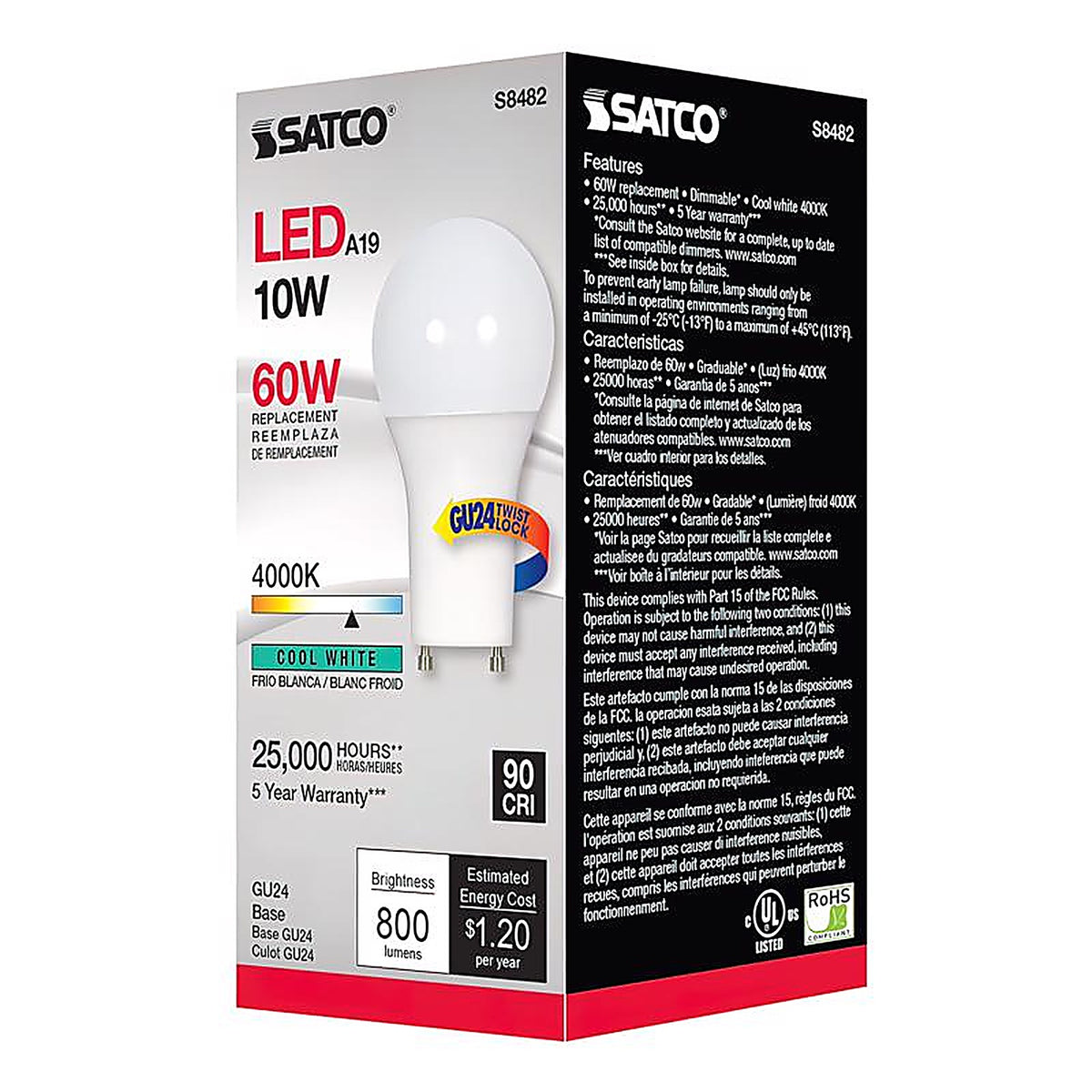 Satco - S8482 - A19 GU24 LED Bulb Cool White 60 Watt Equivalence 1 pk