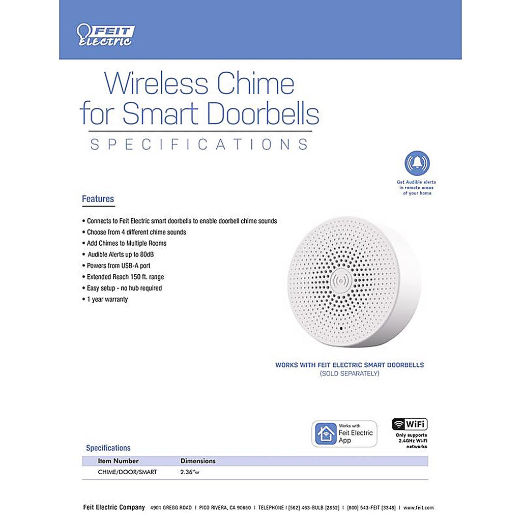 Feit Electric - CHIME/DOORSMART - White Plastic Wireless Door Chime Bell