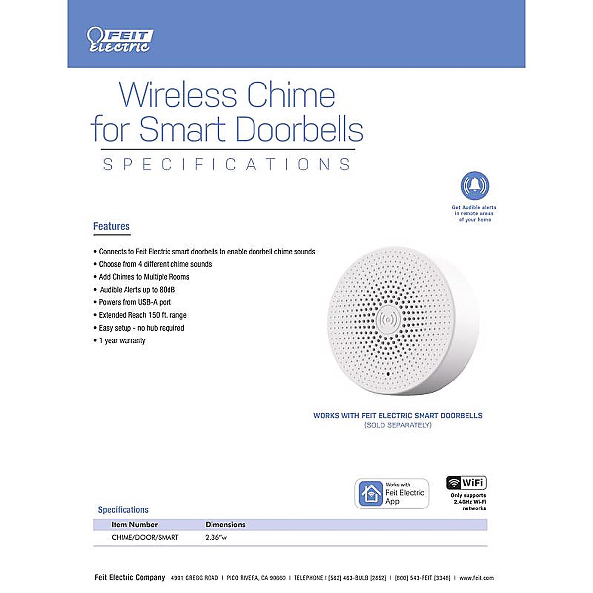 Feit Electric - CHIME/DOORSMART - White Plastic Wireless Door Chime Bell