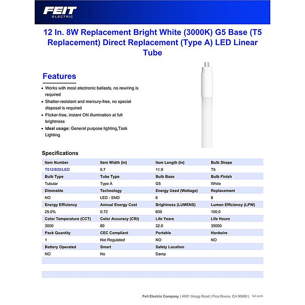 Feit - T512/830/LED - General Purpose Bright White 12 in. Bi-Pin Linear LED Linear Lamp 8 Watt Equivalence 1 pk