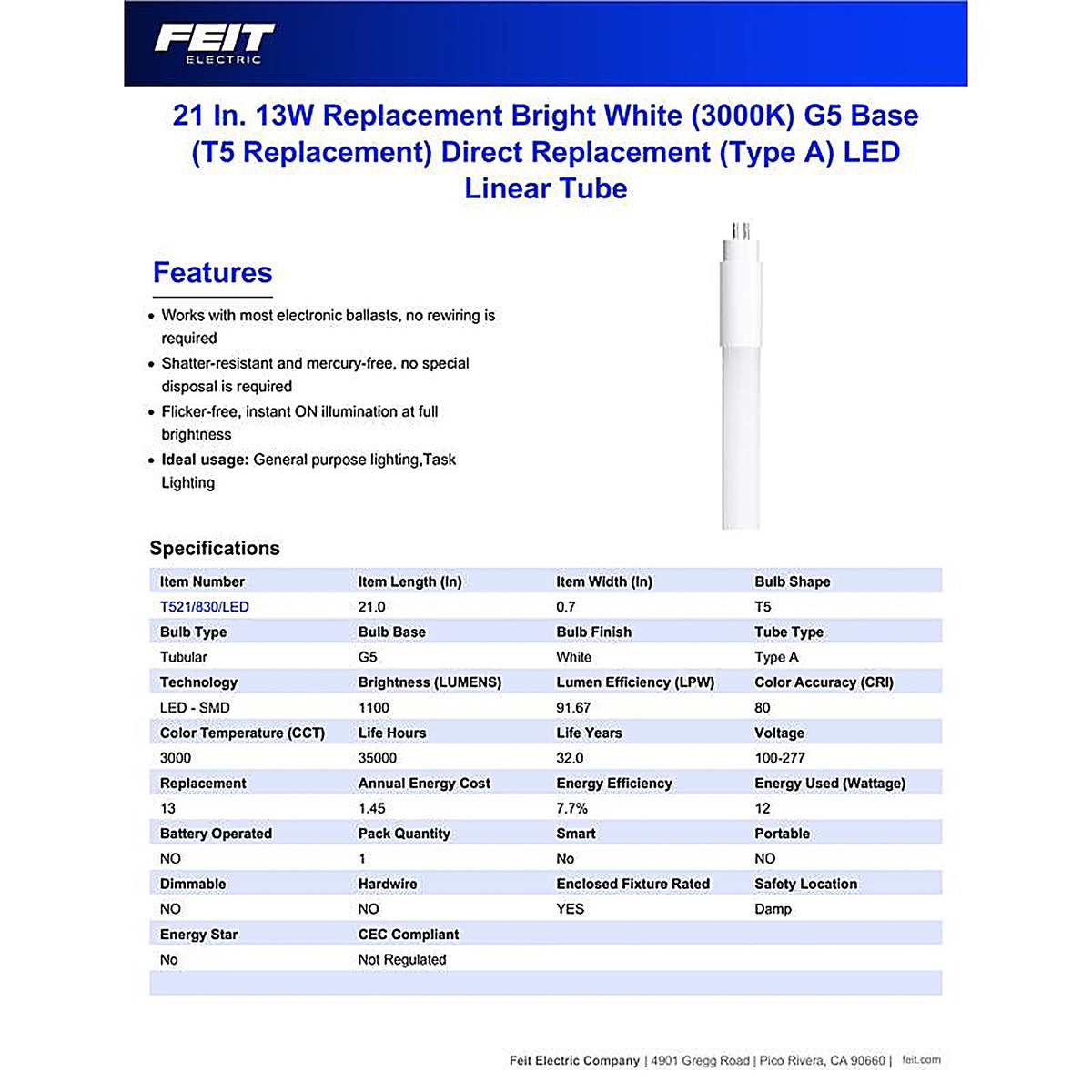 Feit - T521/830/LED - General Purpose Bright White 21 in. Bi-Pin Linear LED Linear Lamp 13 Watt Equivalence 1 pk