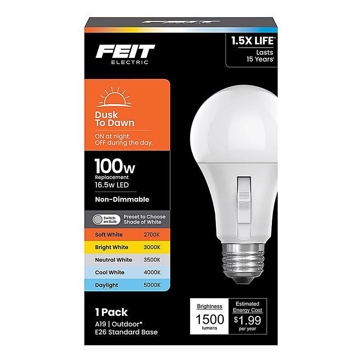 Feit Electric - OM1003CCTCADDLI - A19 E26 (Medium) LED Dusk to Dawn Bulb Tunable White/Color Changing 100 Watt Equivalen