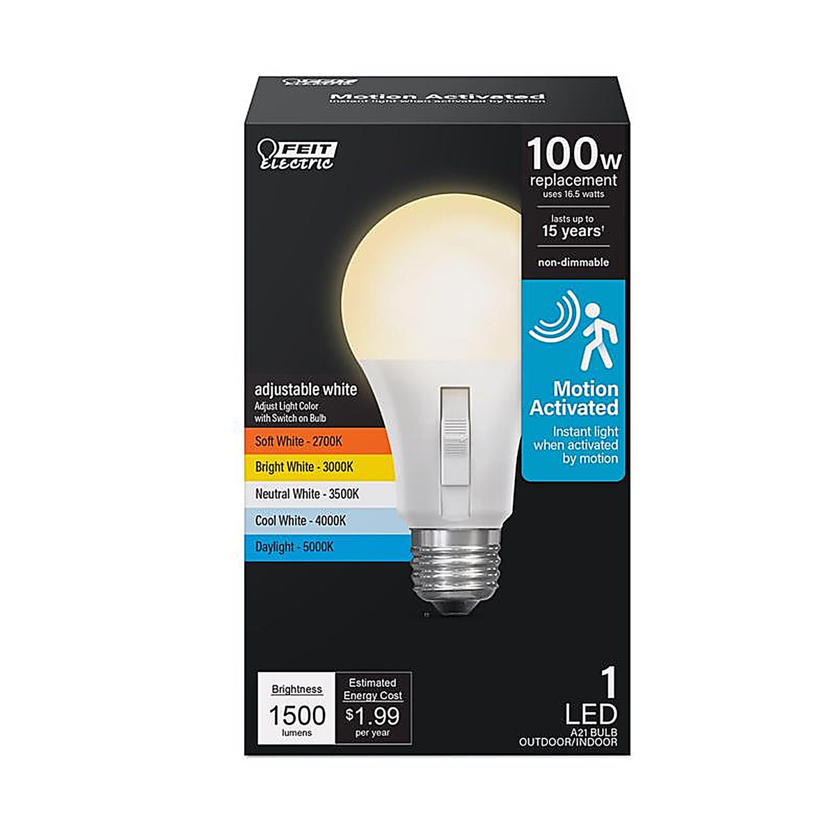 Feit Electric - OM1003CCTCAMMLI - A19 E26 (Medium) LED Motion Activated Bulb Tunable White/Color Changing 100 Watt Equiv