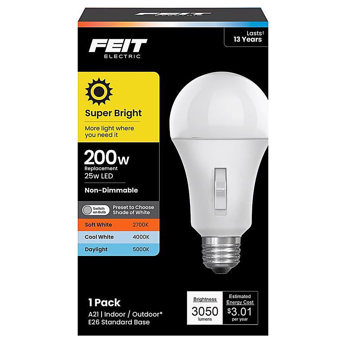 Feit Electric - OM200/3CCT/LEDI - A21 E26 (Medium) LED Bulb Tunable White/Color Changing 200 Watt Equivalence 1 pk