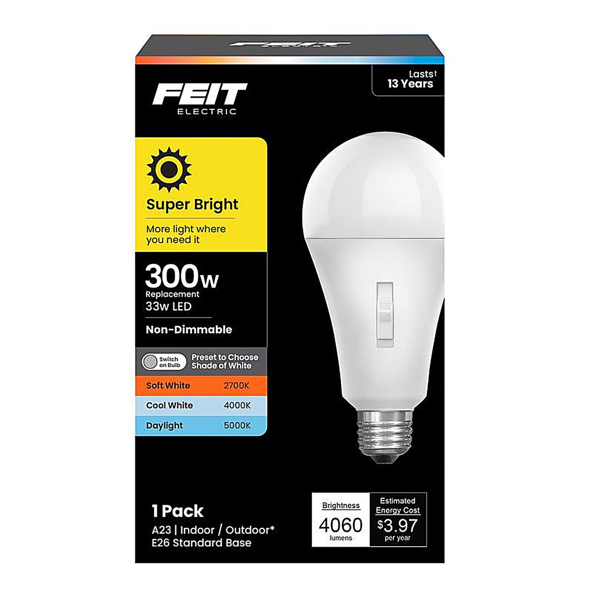 Feit Electric - OM300/3CCT/LEDI - A23 E26 (Medium) LED Bulb Tunable White/Color Changing 300 Watt Equivalence 1 pk