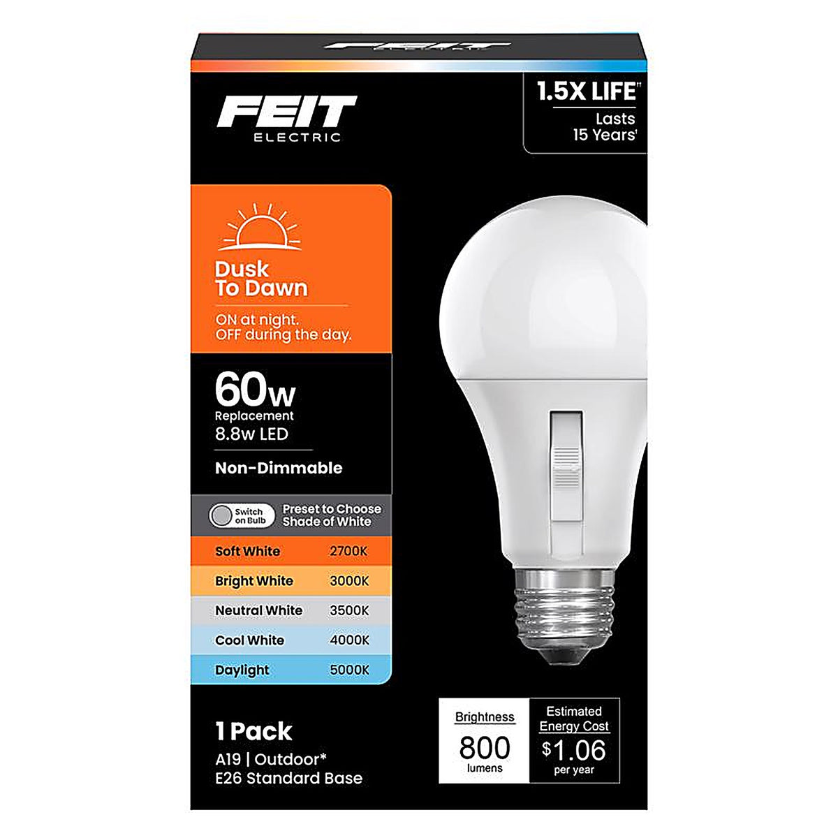 Feit Electric - OM603CCTCADDLDI - A19 E26 (Medium) LED Dusk to Dawn Bulb Tunable White/Color Changing 60 Watt Equivalenc
