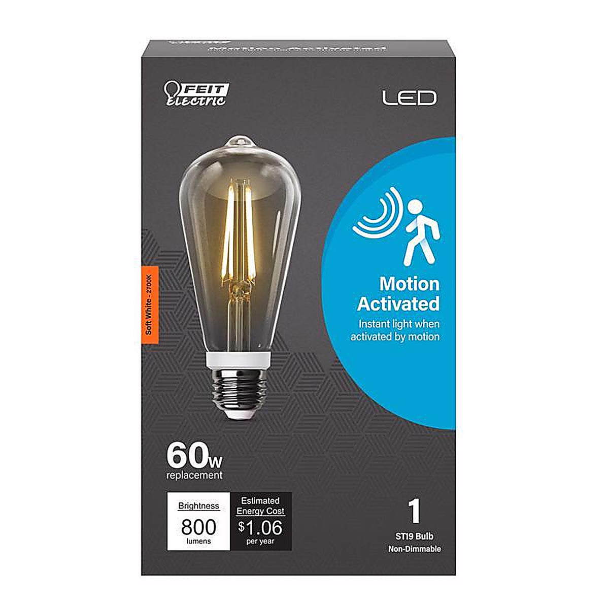Feit Electric - ST19C927CAMFILD - ST19 E26 (Medium) LED Motion Activated Bulb Soft White 60 Watt Equivalence 1 pk