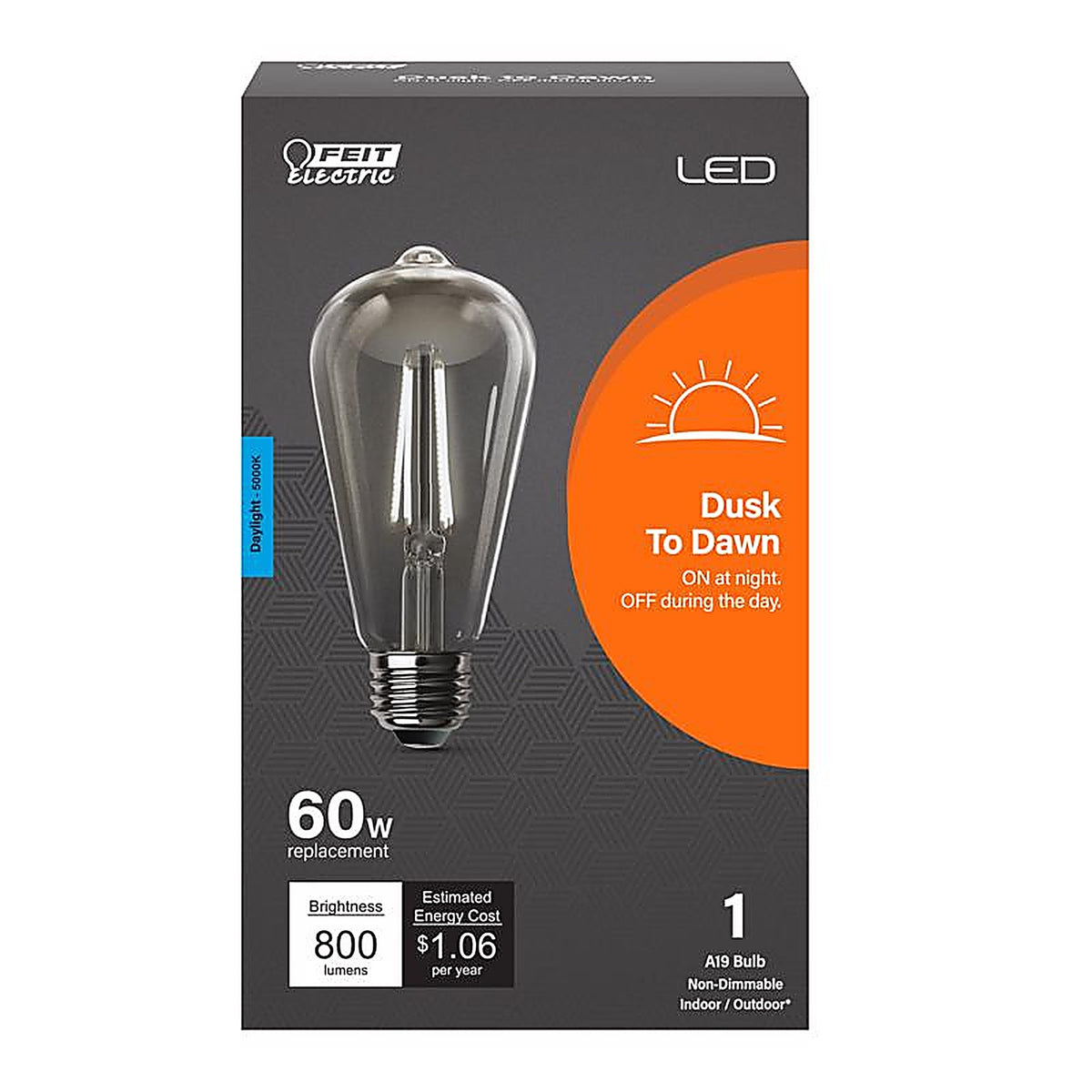 Feit Electric - ST19C950CADFILD - ST19 E26 (Medium) LED Dusk to Dawn Bulb Daylight 60 Watt Equivalence 1 pk