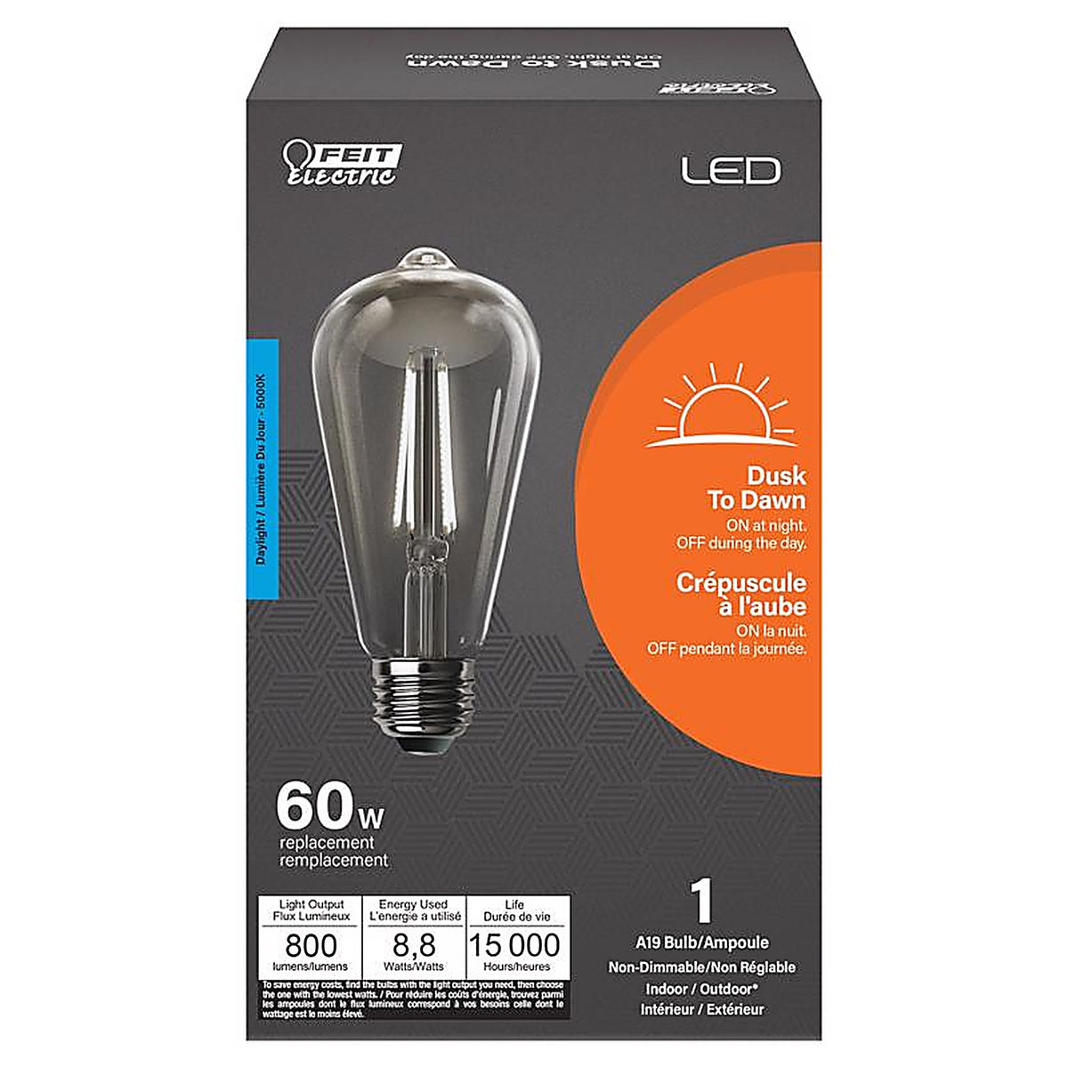 Feit Electric - ST19C950CADFILD - ST19 E26 (Medium) LED Dusk to Dawn Bulb Daylight 60 Watt Equivalence 1 pk
