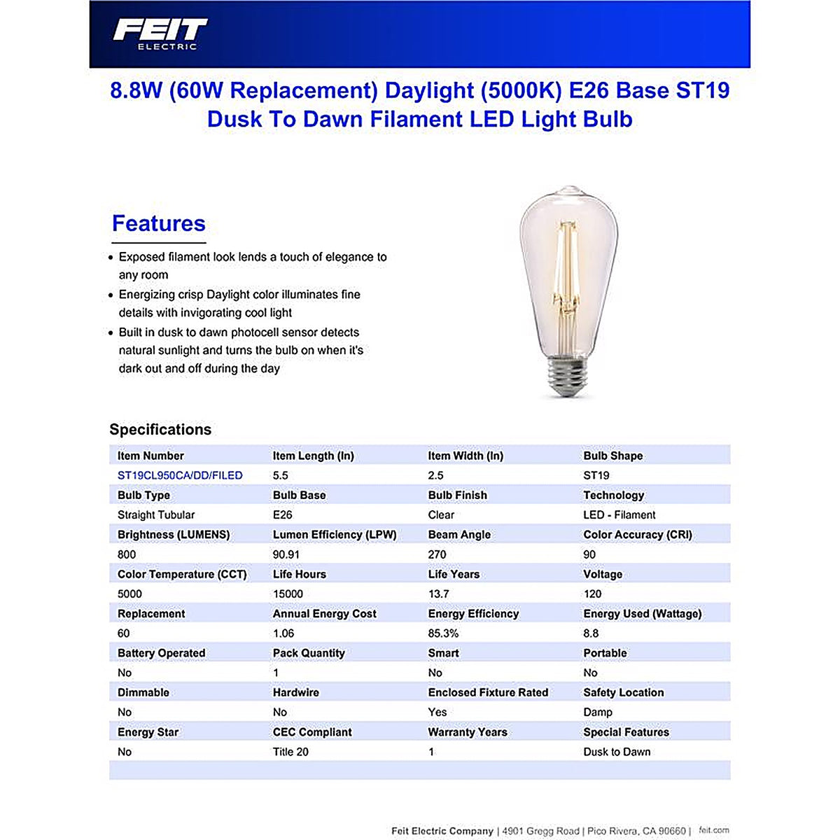 Feit Electric - ST19C950CADFILD - ST19 E26 (Medium) LED Dusk to Dawn Bulb Daylight 60 Watt Equivalence 1 pk