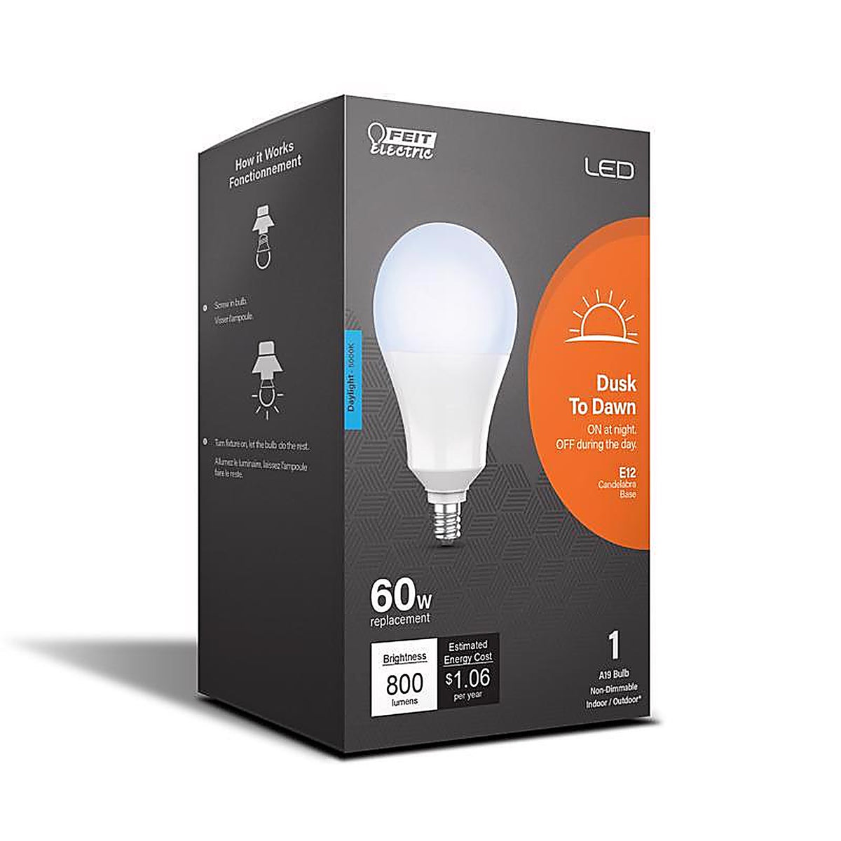 Feit Electric - A800C950CADDLED - E12 E12 (Candelabra) LED Dusk to Dawn Bulb Daylight 60 Watt Equivalence 1 pk