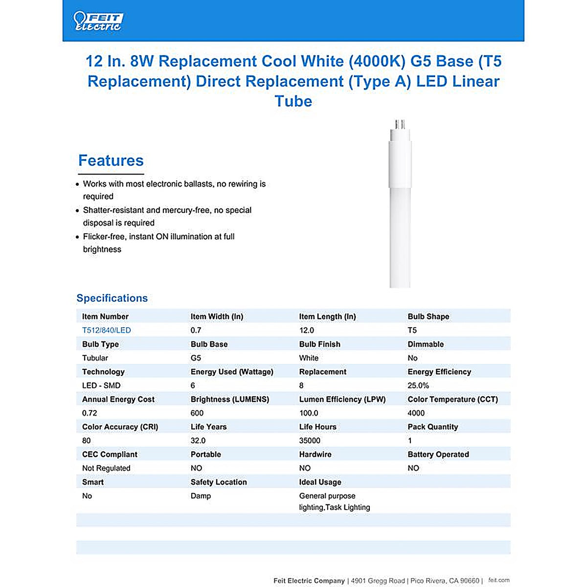 Feit - T512/840/LED - T5 Cool White 12 in. Bi-pin Base Linear LED Linear Lamp 8 Watt Equivalence 1 pk