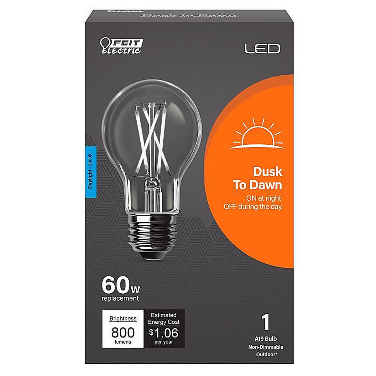 Feit Electric - A800CL950CADLED - A19 E26 (Medium) LED Dusk to Dawn Bulb Daylight 60 Watt Equivalence 1 pk