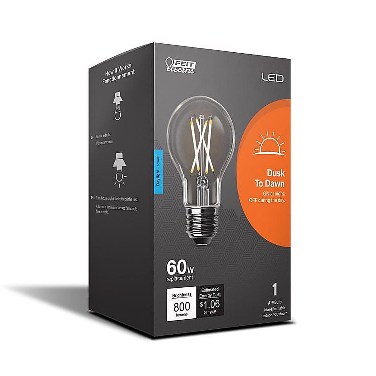 Feit Electric - A800CL950CADLED - A19 E26 (Medium) LED Dusk to Dawn Bulb Daylight 60 Watt Equivalence 1 pk