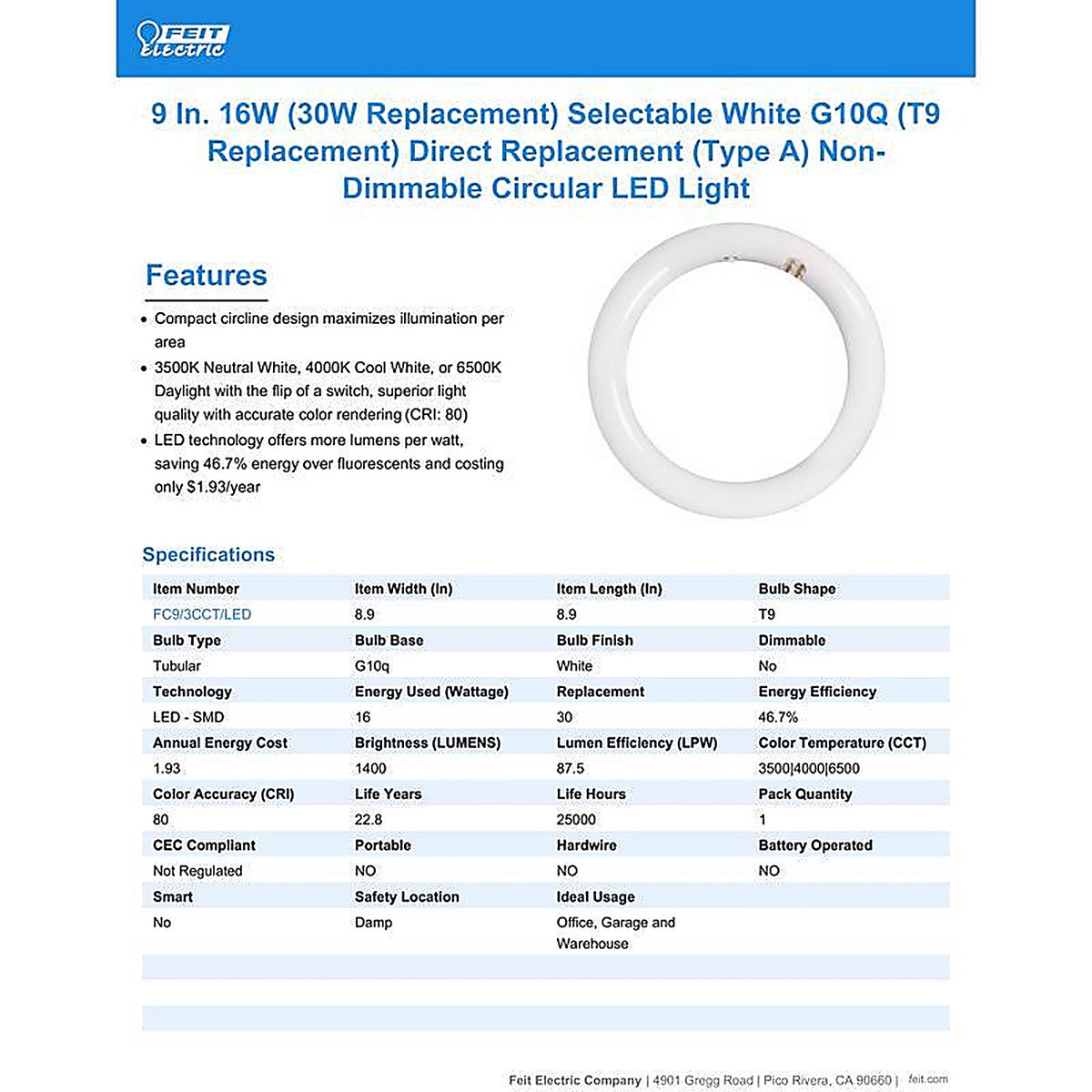 Feit Electric - FC9/3CCT/LED - T9 4-Pin LED Tube Light Color Changing 30 Watt Equivalence 1 pk