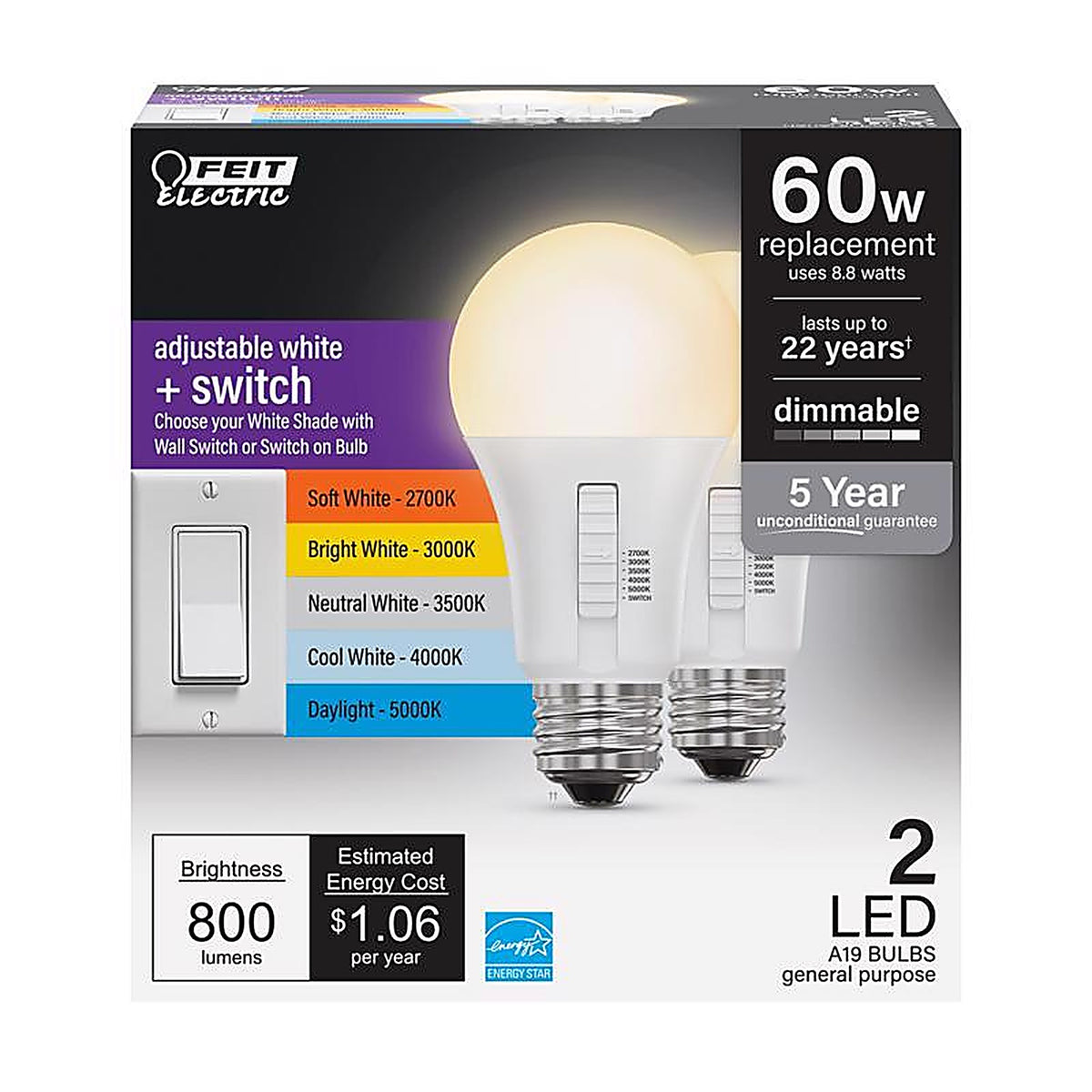 Feit Electric - OM60DM/6WYCA/2 - A19 E26 (Medium) LED Light Bulb Color Changing 60 Watt Equivalence 1 pk