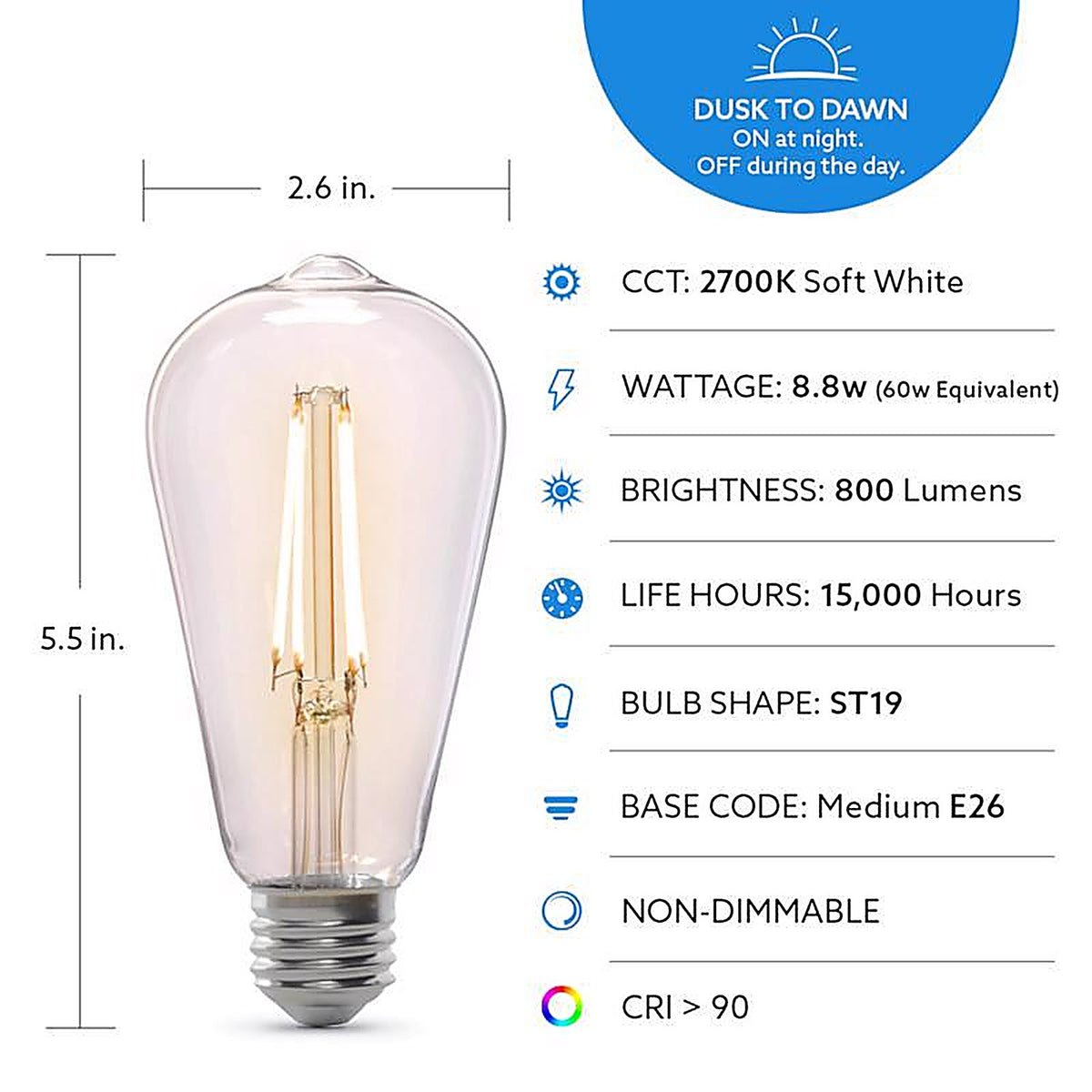 Feit Electric - ST19C927CADDFLD - ST19 E26 (Medium) LED Dusk to Dawn Bulb Soft White 60 Watt Equivalence 1 pk