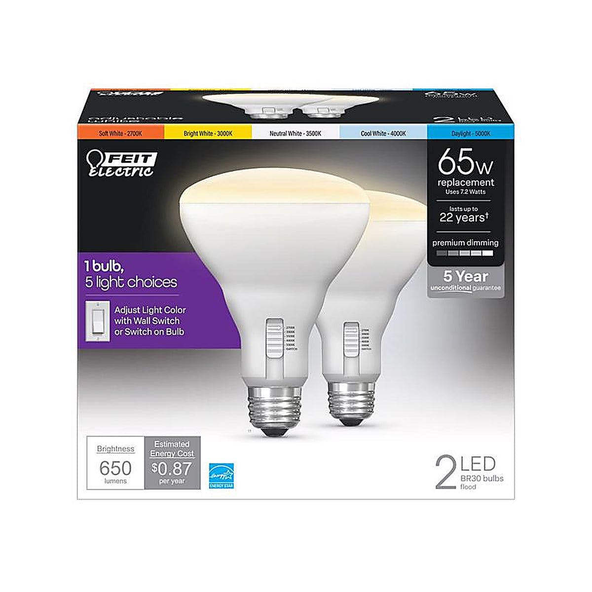 Feit Electric - BR30DM/6WYCA/2 - BR30 E26 (Medium) LED Light Bulb Tunable White/Color Changing 65 Watt Equivalence 2 pk