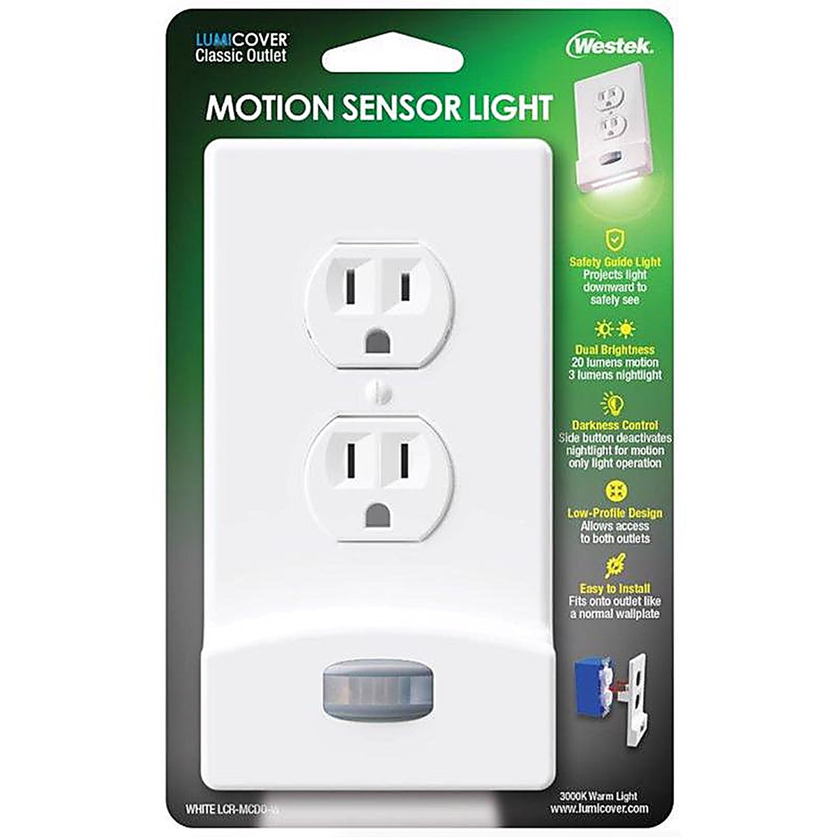 Westek - LCR-MCDO-W - LumiCover Motion Activated White 1 gang Plastic Duplex Nightlight Wall Plate 1 pk