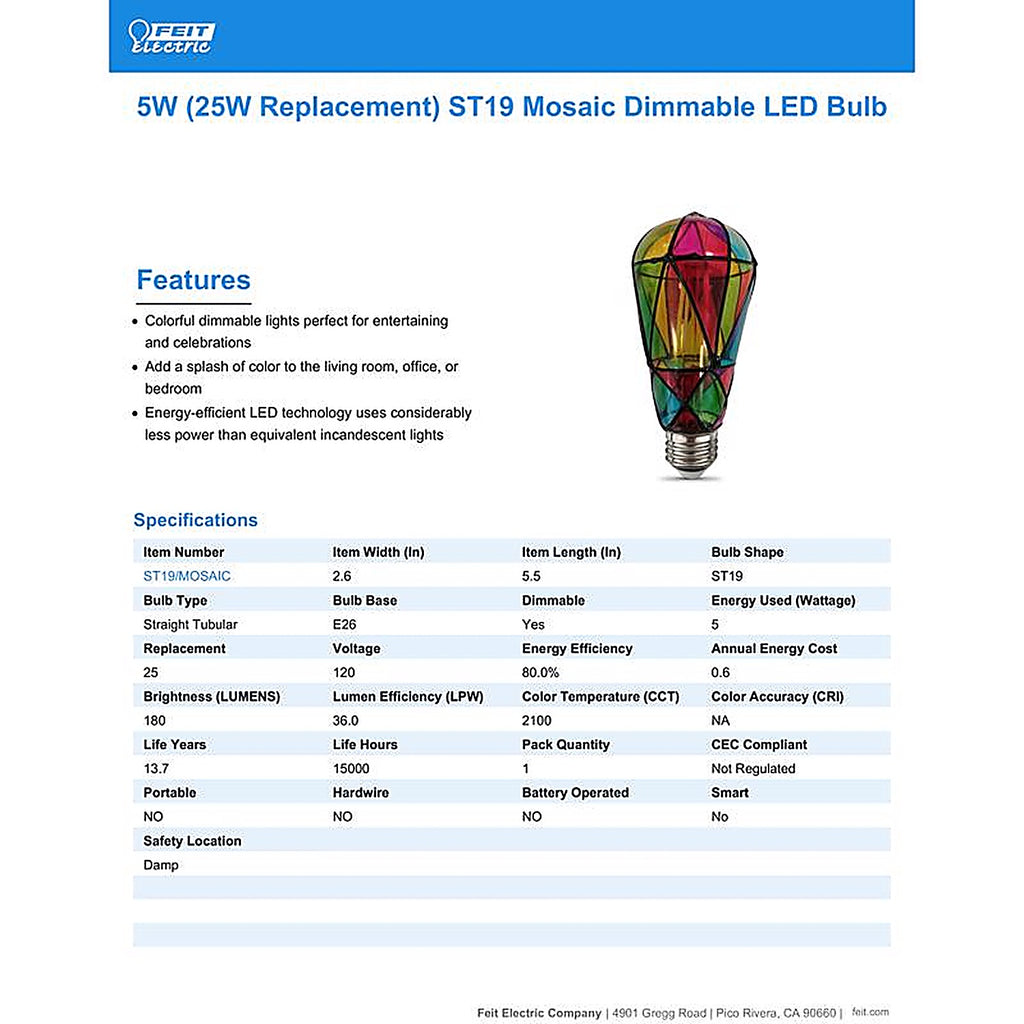 Feit - ST19/MOSAIC - ST19 E26 (Medium) Filament LED Bulb Multi-Colored 25 Watt Equivalence 1 pk