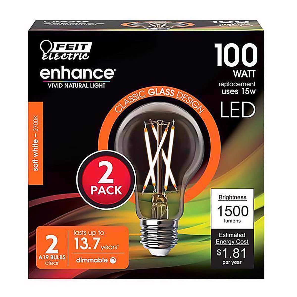Feit - A100CL927CAFIL2 - Enhance A19 E26 (Medium) Filament LED Bulb Soft White 100 Watt Equivalence 2 pk