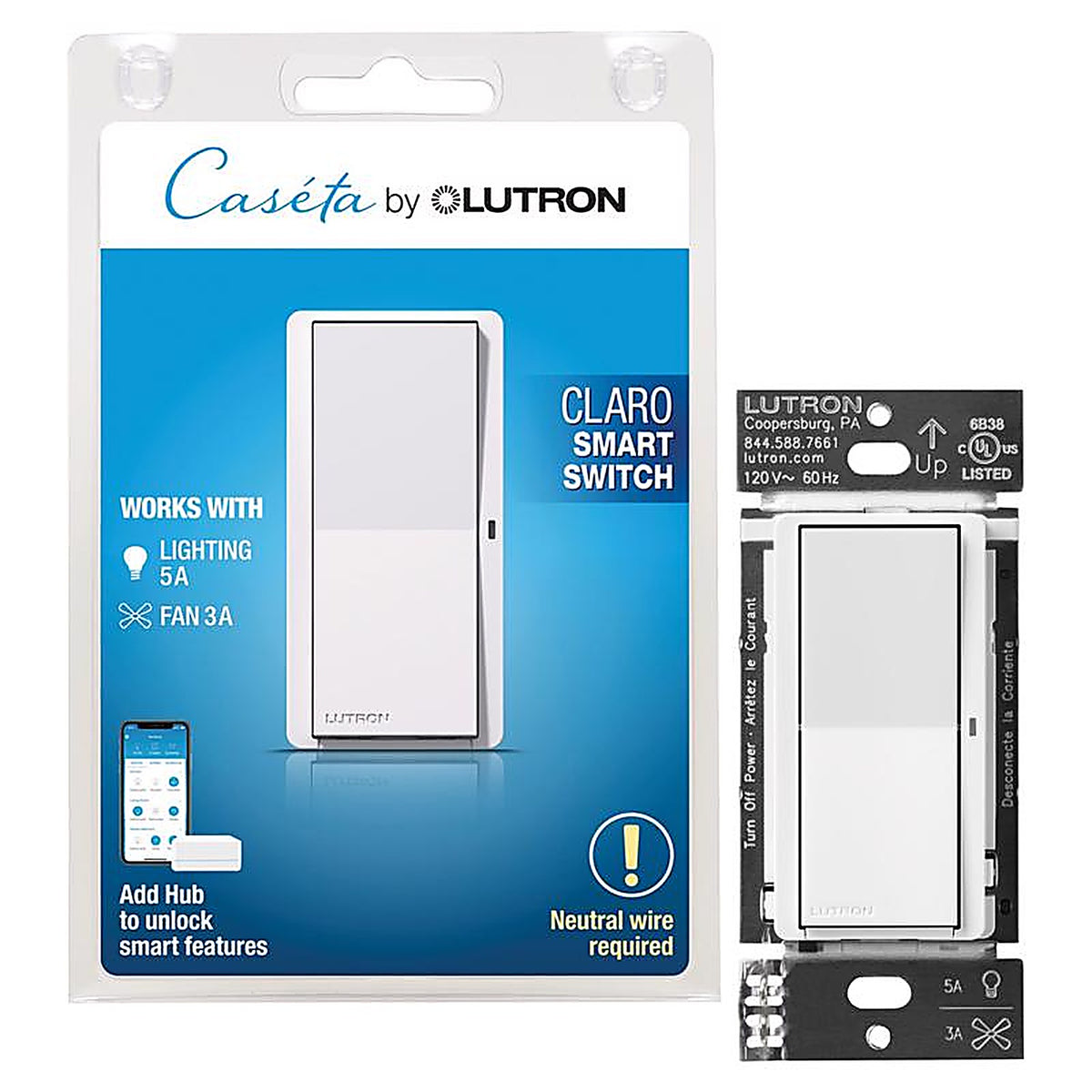 Lutron - DVRF-5NS-WH-R - Caseta 5 amps Single Pole Smart Smart-Enabled Rocker Switch White 1 pk
