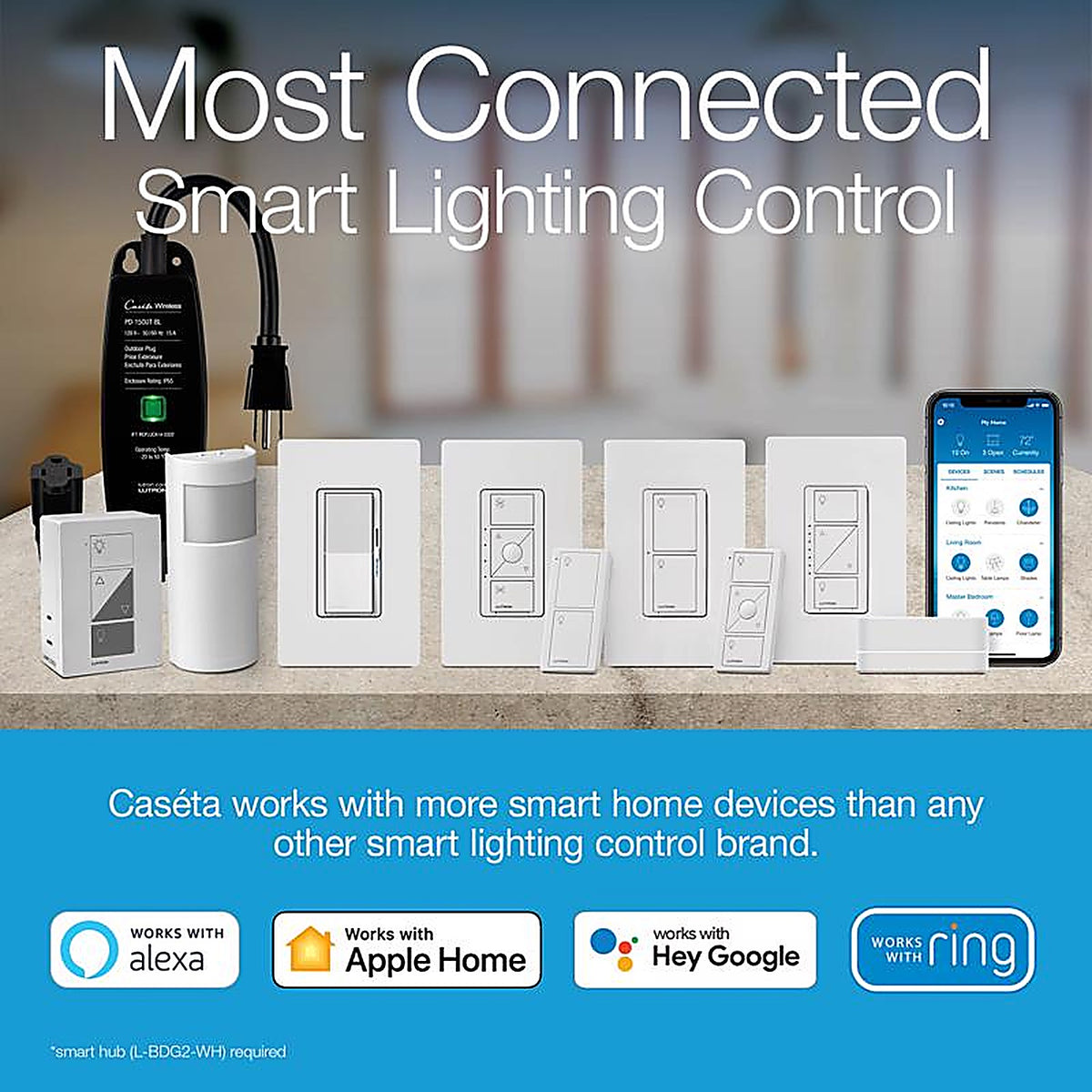 Lutron - DVRF-5NS-WH-R - Caseta 5 amps Single Pole Smart Smart-Enabled Rocker Switch White 1 pk