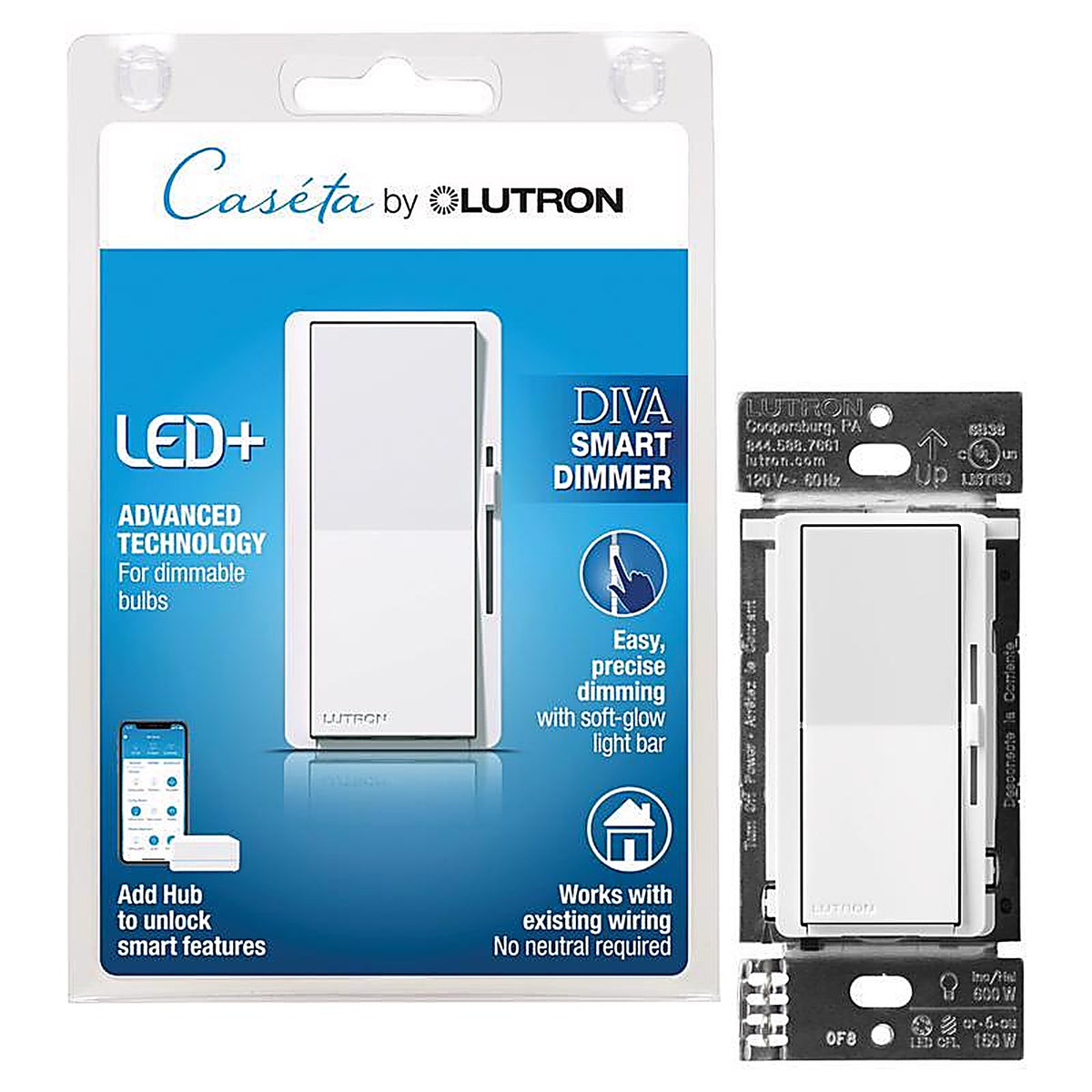 Lutron - DVRF-6L-WH-R - Caseta Diva White 150 W Toggle Smart-Enabled Dimmer Switch 1 pk