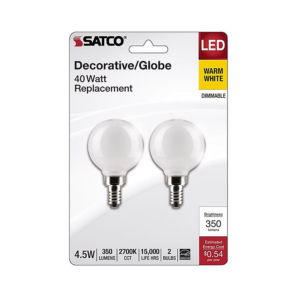 Satco - S21812 - G16.5 E12 (Candelabra) Filament LED Bulb Warm White 40 Watt Equivalence 2 pk
