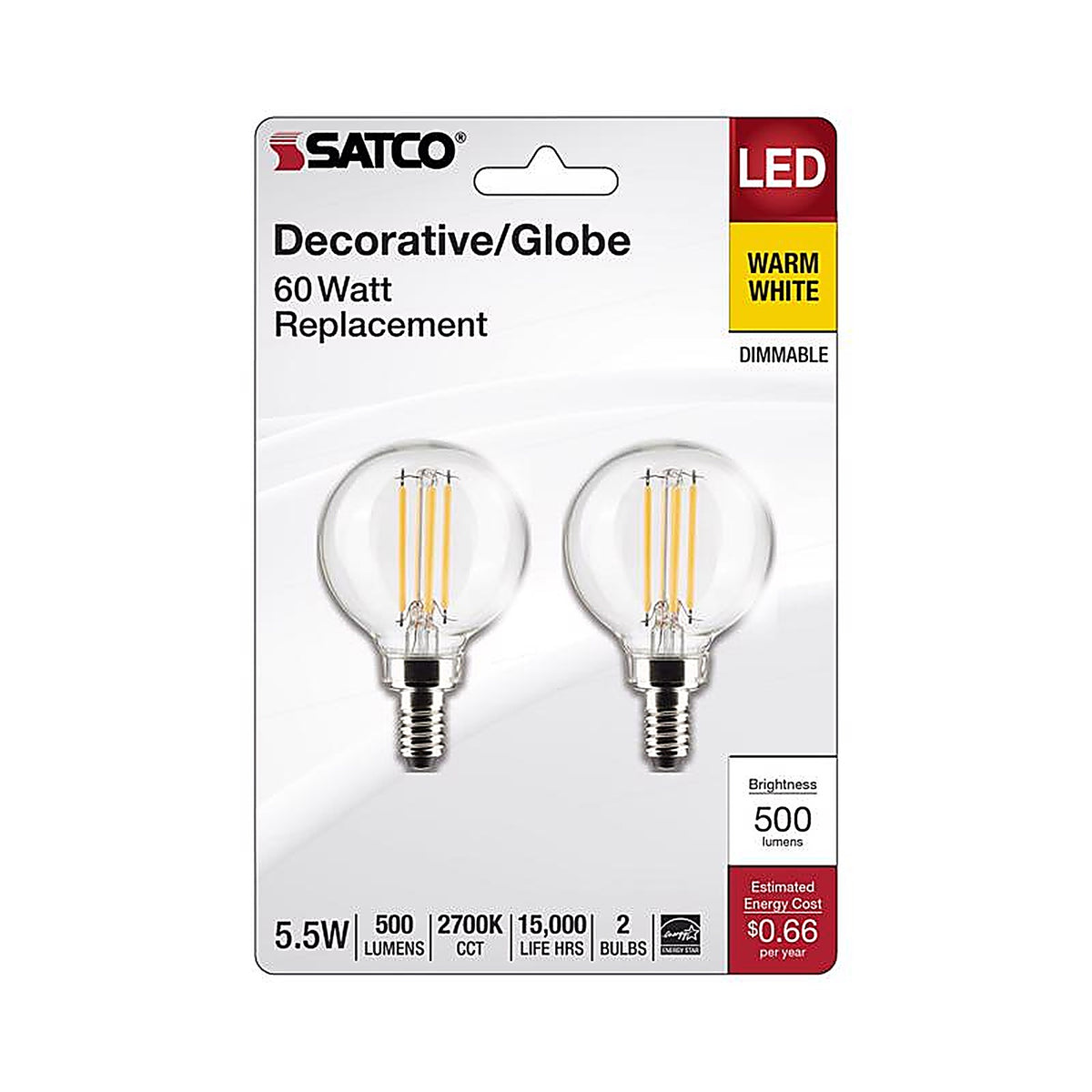 Satco - S21813 - G16.5 E12 (Candelabra) Filament LED Bulb Warm White 60 Watt Equivalence 2 pk