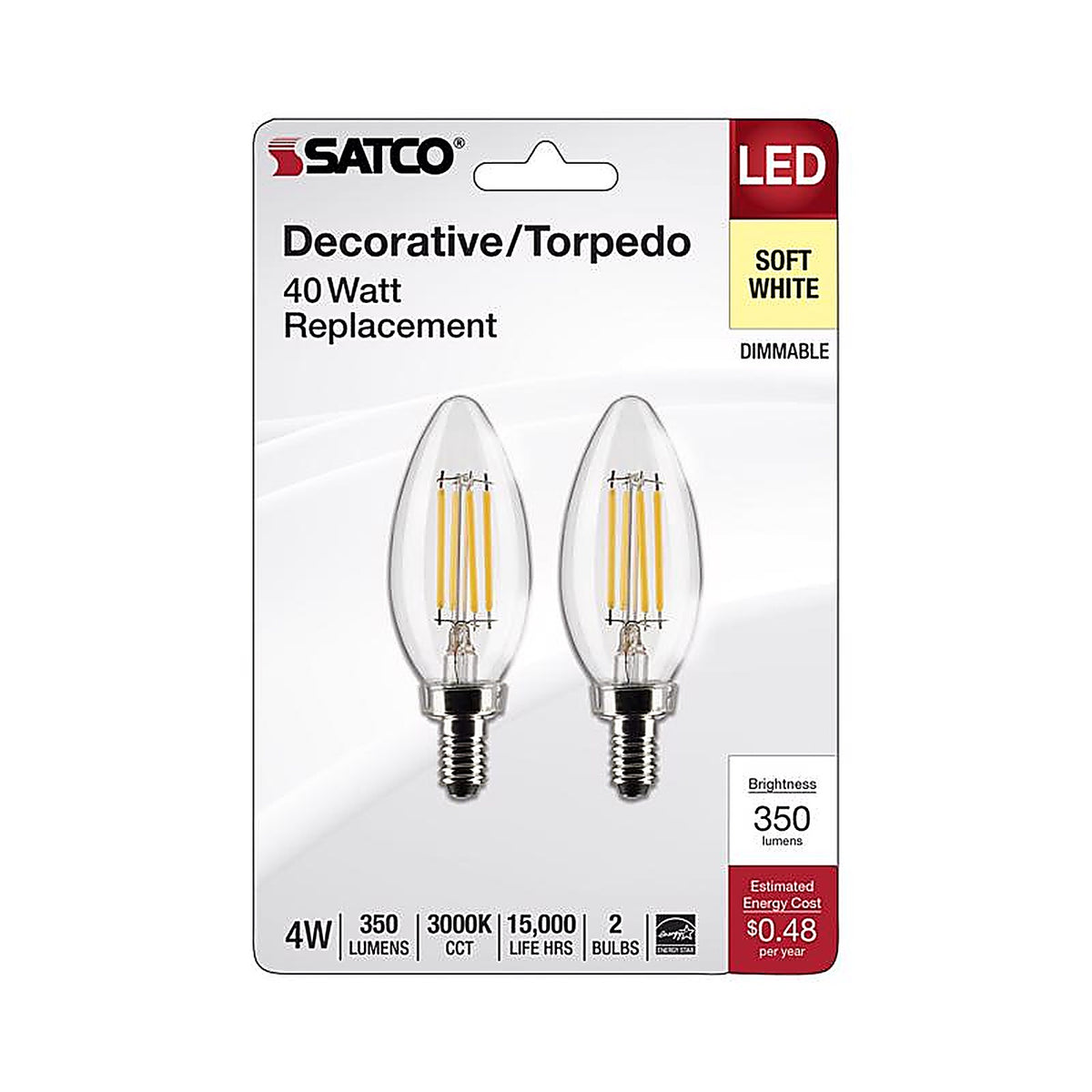 Satco - S21820 - B11 E12 (Candelabra) Filament LED Bulb Soft White 40 Watt Equivalence 2 pk