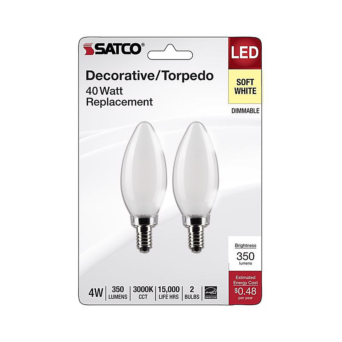Satco - S21824 - B11 E12 (Candelabra) Filament LED Bulb Soft White 40 Watt Equivalence 2 pk