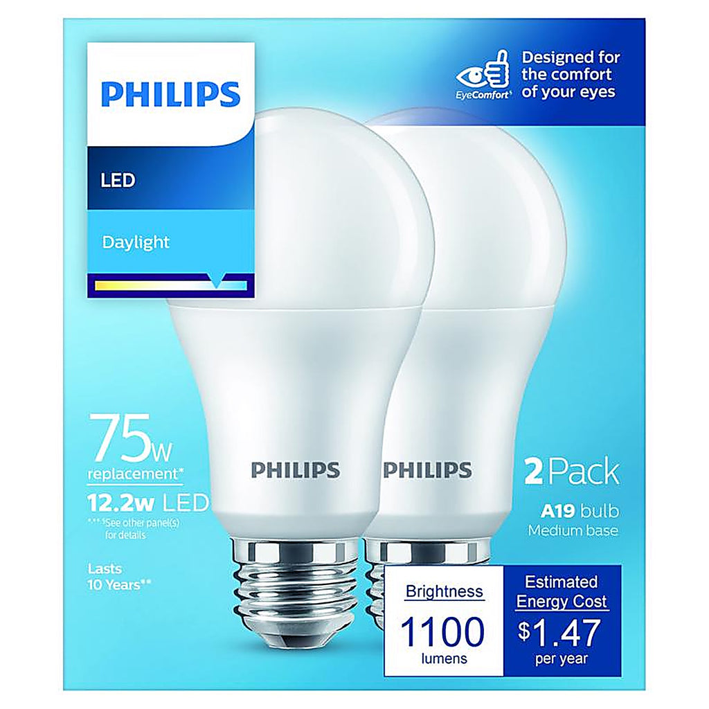 Philips - 575852 - A19 E26 (Medium) LED Bulb Daylight 75 Watt Equivalence 2 pk