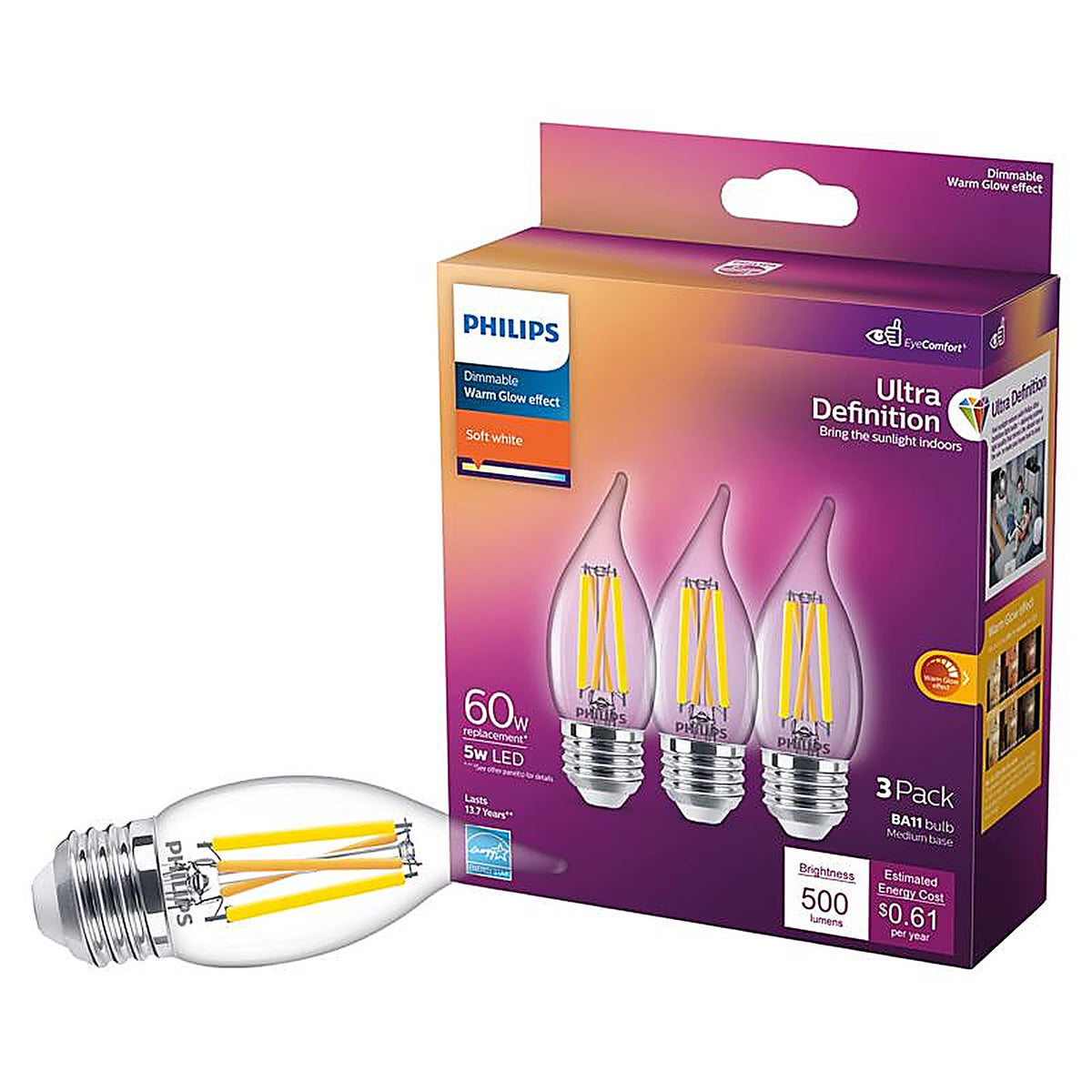 Philips - 566695 - BA11 E26 (Medium) LED Bulb Soft White 60 Watt Equivalence 3 pk