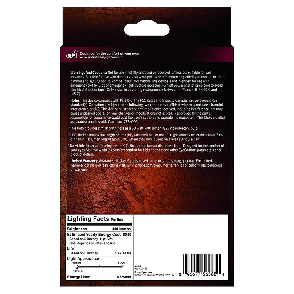 Philips - 565887 - G25 E26 (Medium) LED Bulb Amber 60 Watt Equivalence 1 pk