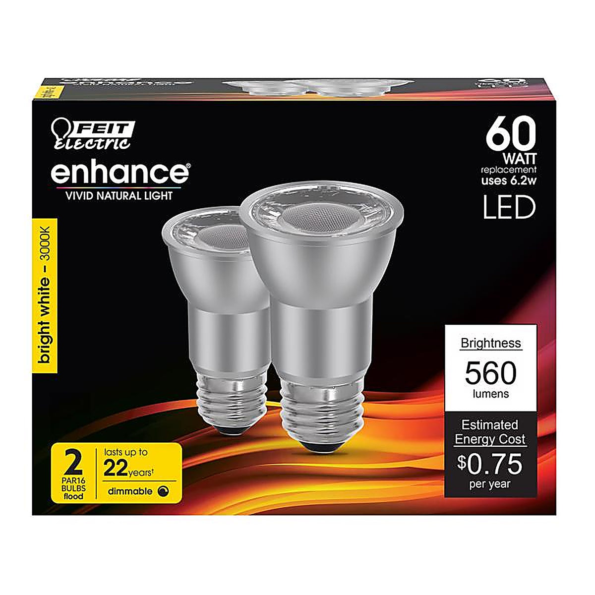 Feit - PAR16DM60930CA2 - PAR16 E26 (Medium) LED Floodlight Bulb Bright White 60 Watt Equivalence 2 pk