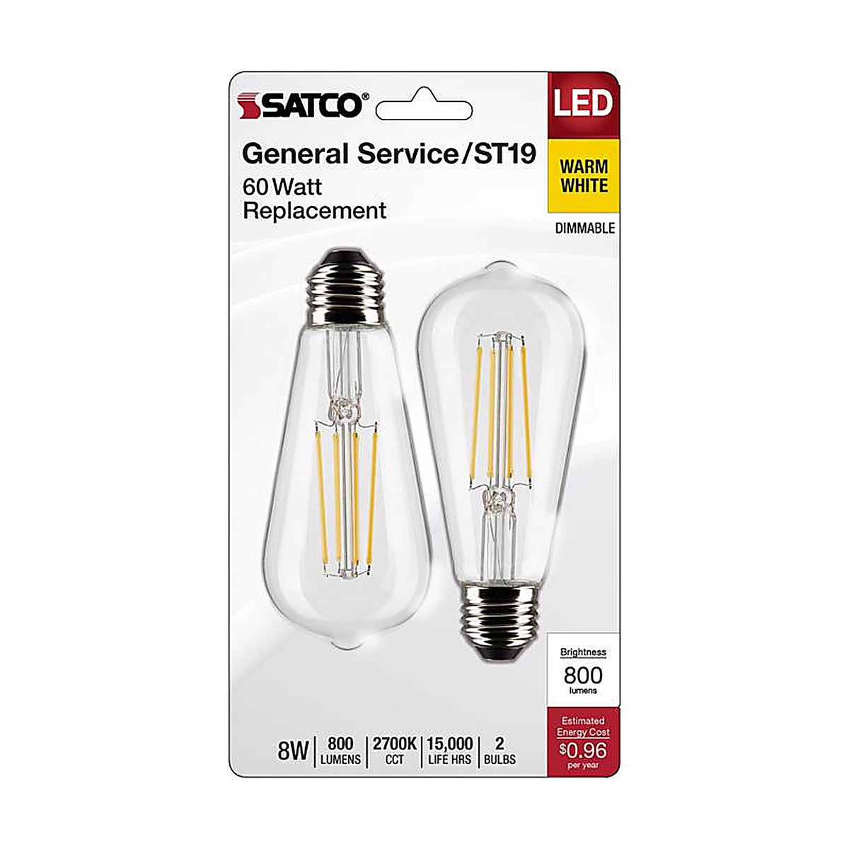 Satco - S21870 - ST19 E26 (Medium) Filament LED Bulb Warm White 60 Watt Equivalence 2 pk