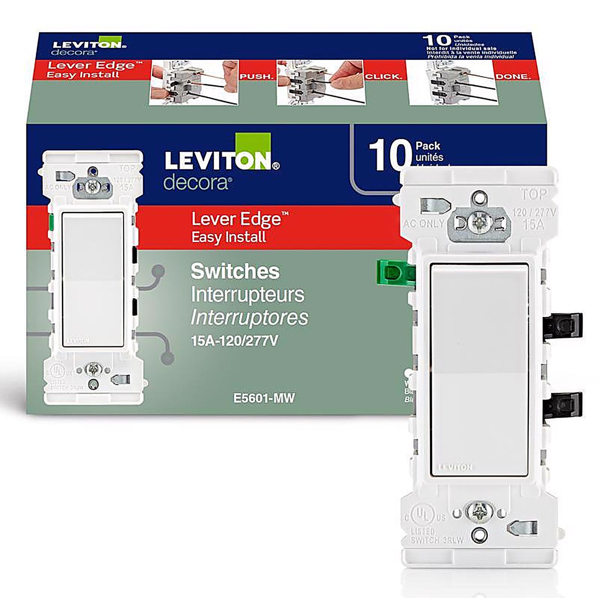 Leviton - E5601-0MW - Decora Edge 15 amps Single Pole Rocker Switch White 10 pk