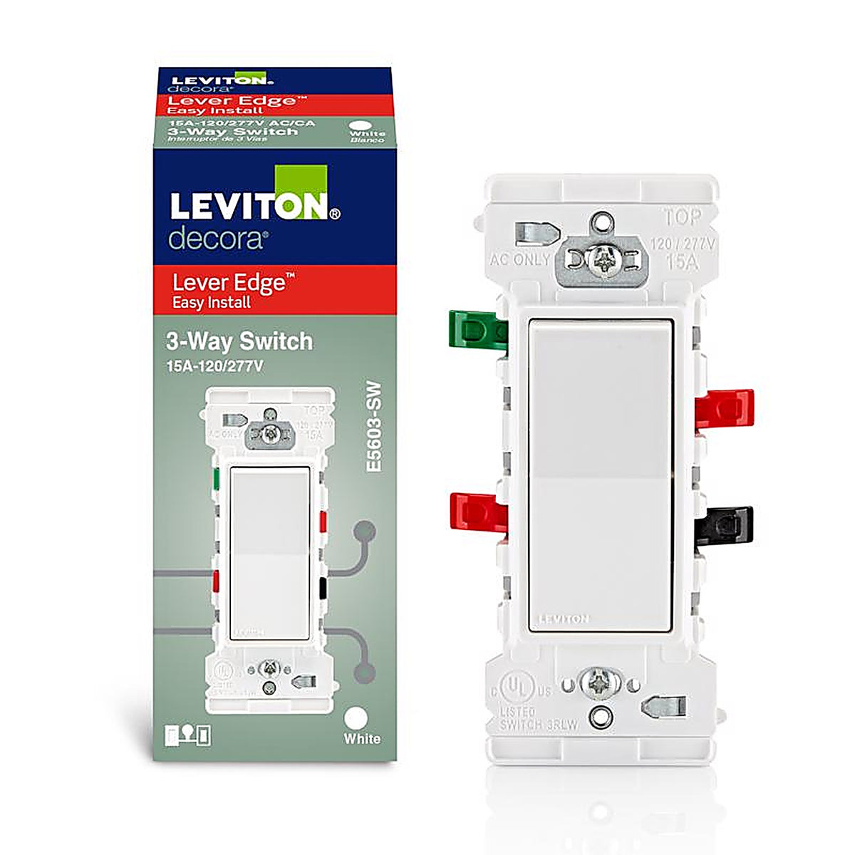 Leviton - E5603-0SW - Decora Edge 15 amps 3-Way Rocker Switch White 1 pk