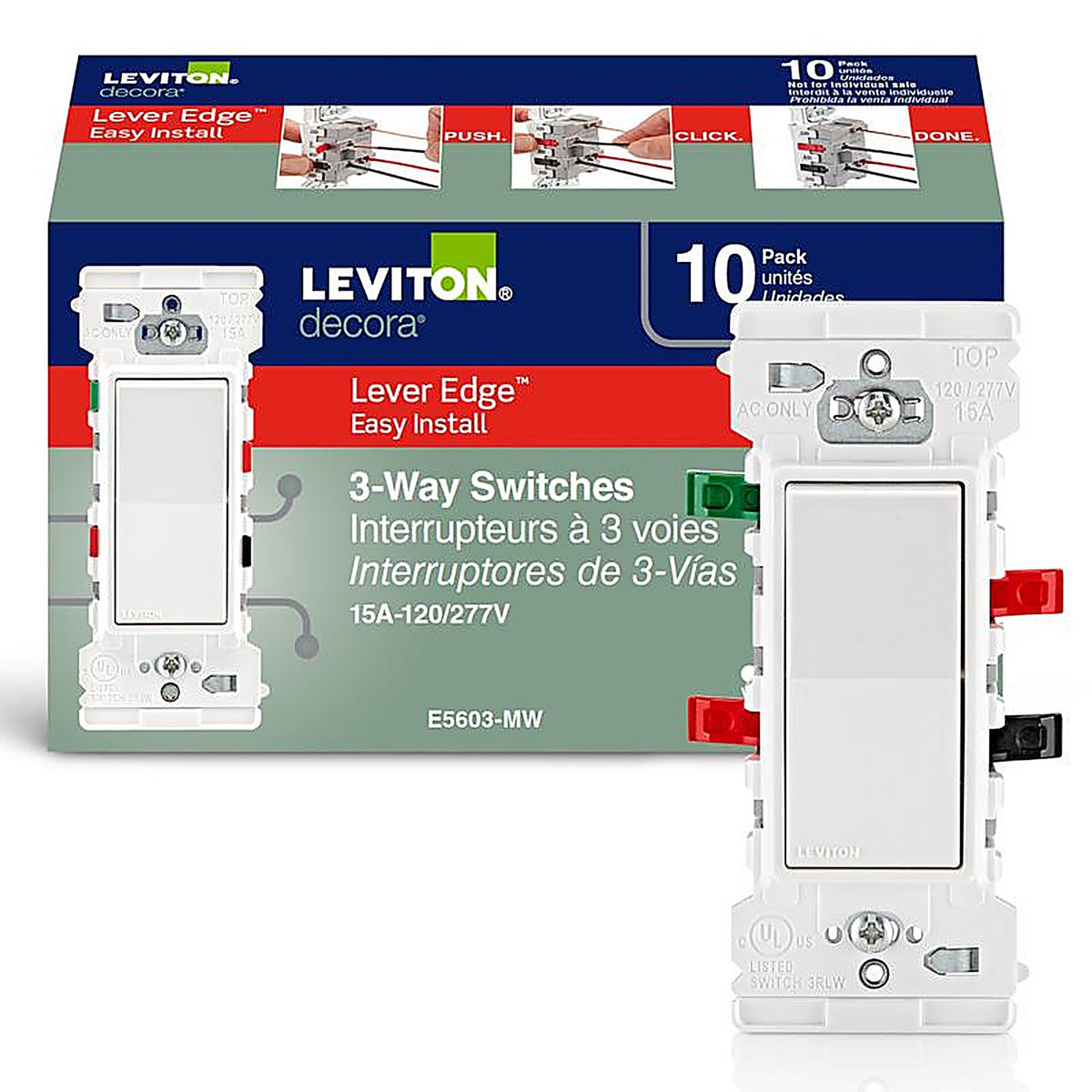 Leviton - E5603-0MW - Decora Edge 15 amps 3-Way Rocker Switch White 10 pk