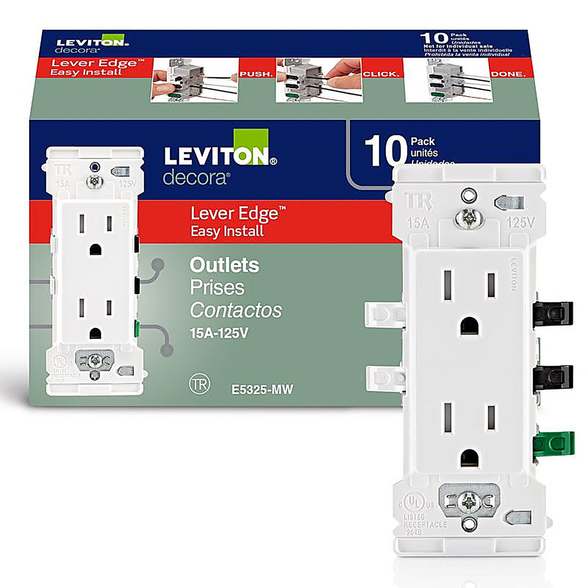 Leviton - E5325-0MW - Decora Edge 15 amps 125 V Duplex White Tamper Resistant Outlet 5-15 R 10 pk
