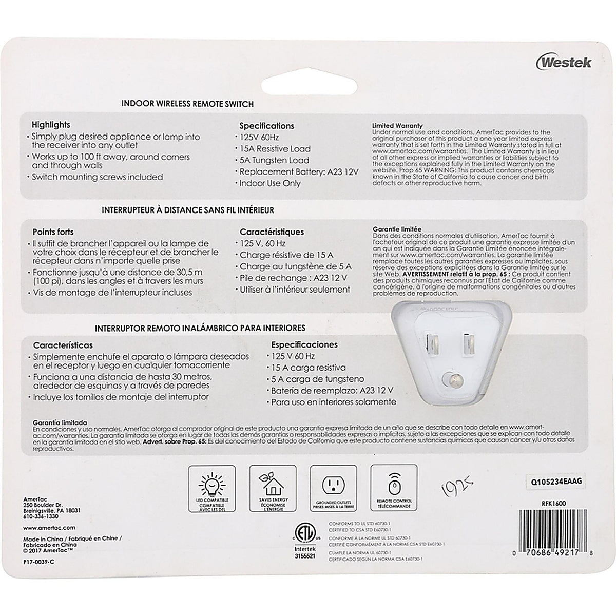 Westek - RFK1600LC - AmerTac 15 amps Toggle Switch White - 1/Pack