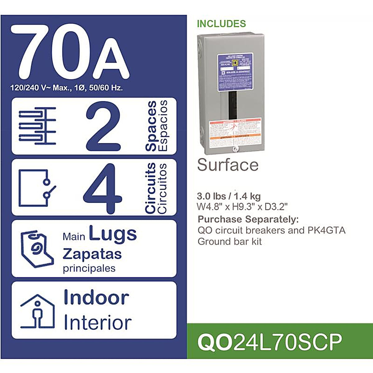 Square D - QO24L70SCP - QO 70 amps 120/240 V 2 space 4 circuits Surface Mount Main Lug Load Center