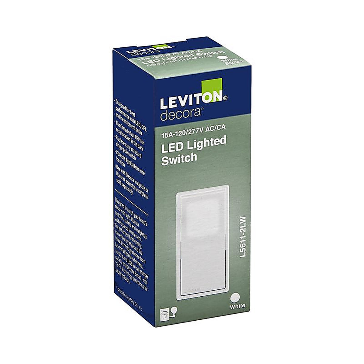 Leviton - L5611-2LW - Decora 15 amps Single Pole Rocker Illuminated Switch White 1 pk