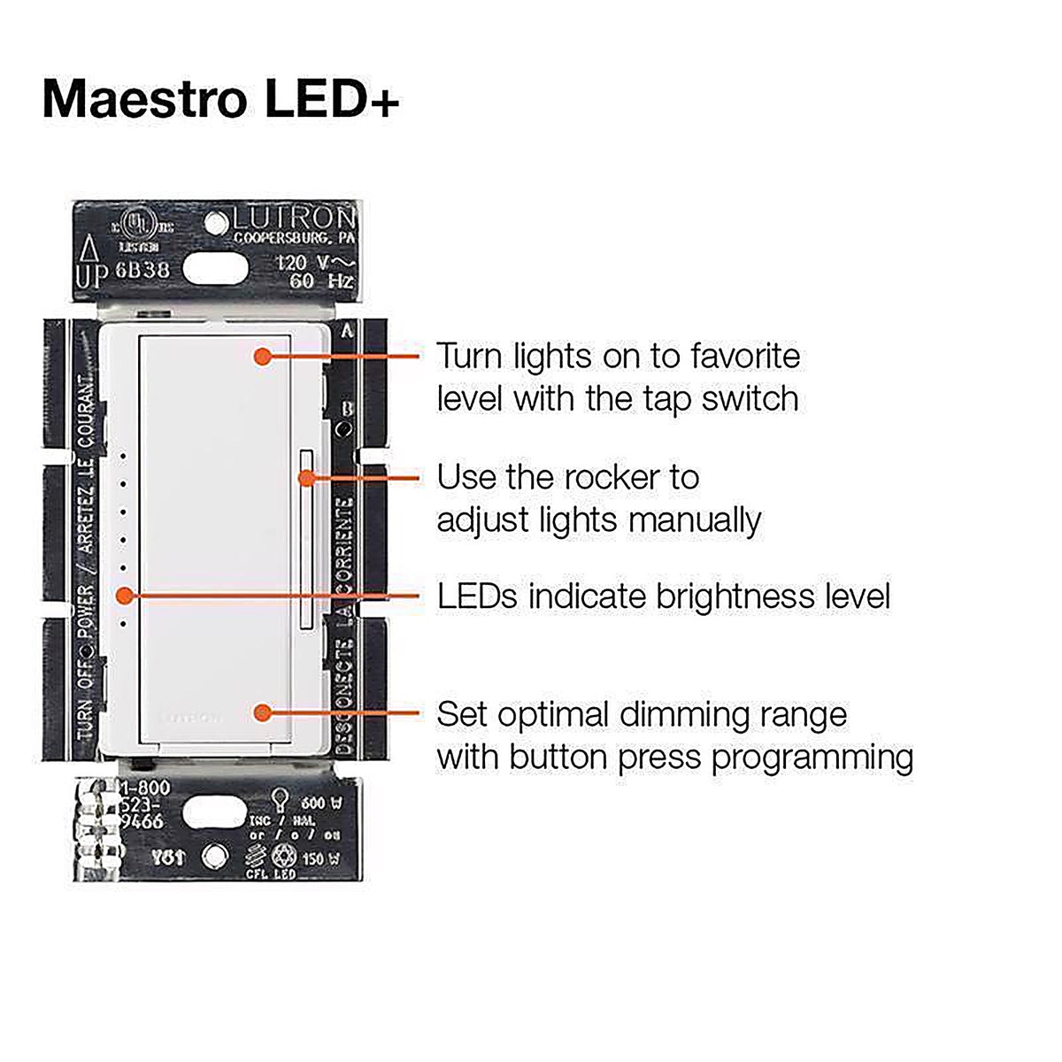 Lutron - MACL-153M-RHW-W - Maestro White 150 watt 3-Way Dimmer Switch - 1/Pack